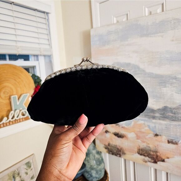 VTG Black Velvet Cocktail Clutch | Rhinestone Trim & Kiss Lock Closure - Picture 6 of 15